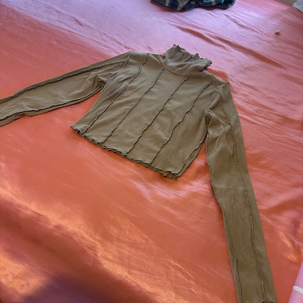 Tan Long Sleeve Ribbed Turtleneck Top
